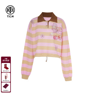 T75C09E5028 新款 TCH私服烫钻减龄洋气宽松百搭条纹针织衫 女25秋季