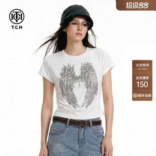 TCH烫钻天使翅膀短袖修身T恤