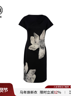 TCH轻奢潮牌高定花卉烫钻斜肩一字肩黑色收腰连衣裙女T75B30E1152