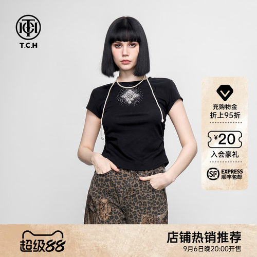 TCH修身显瘦辣妹正肩小飞袖烫钻短袖T恤女2026春夏新款黑色上衣
