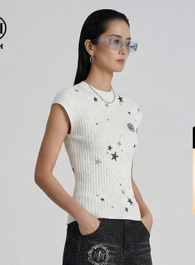 TCH烫钻轻熟辣妹风针织T恤女白色半高领修身短袖上衣T78A09E1199