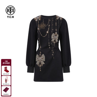 TCH暗黑系烫钻蝴蝶结宫廷风泡泡袖 连衣裙女T75D30E1041 收腰长袖