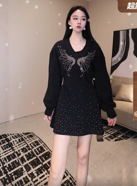 TCH高级感满天星烫钻小黑裙收腰显瘦连衣裙女秋冬新款T75D30E1032