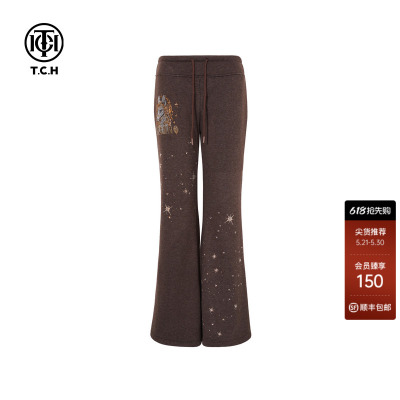 TCH美式烫钻咖色薄绒垂感显瘦休闲微喇裤女2025冬新款T75D20E1142