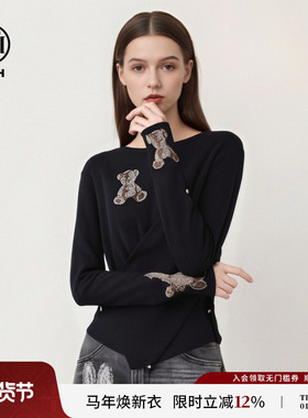 TCH私服潮牌时尚百搭烫钻小熊收腰针织衫秋冬新款T72C09E5094