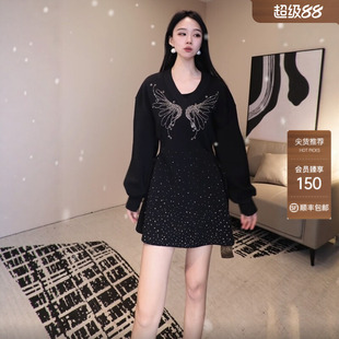 TCH高级感满天星烫钻小黑裙收腰显瘦连衣裙女秋冬新款T75D30E1032