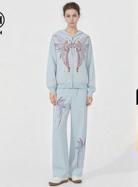 TCH烫钻蝶翼宽松连帽拉链衫外套女直筒针织裤蓝色套装T78A07E1096