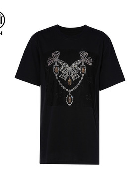 TCH私服烫钻时尚休闲蝴蝶结黑色短袖T恤女25秋季新款T75C10B1032