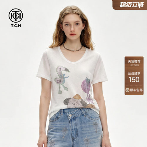 TCH卡通烫钻短袖T恤女可爱显瘦