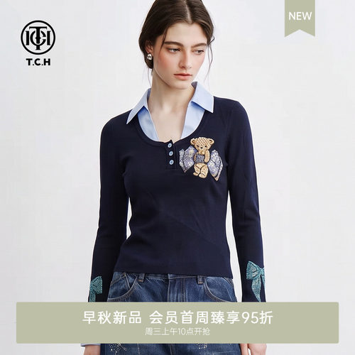 藏青色假两件衬衫领针织衫女