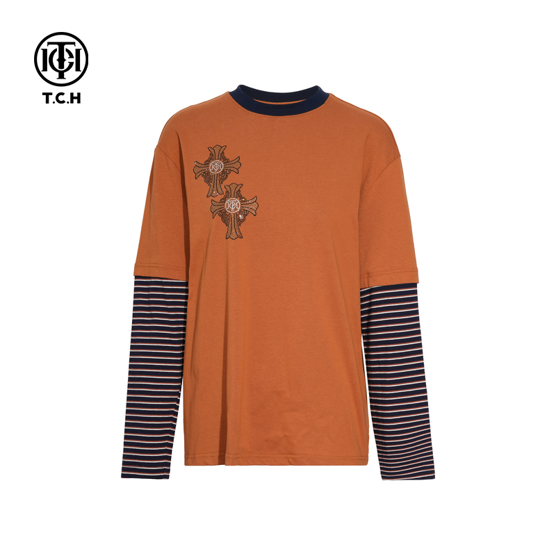 TCH私服烫钻拼接撞色休闲百搭圆领长袖T恤25秋冬新款T75C08E1023