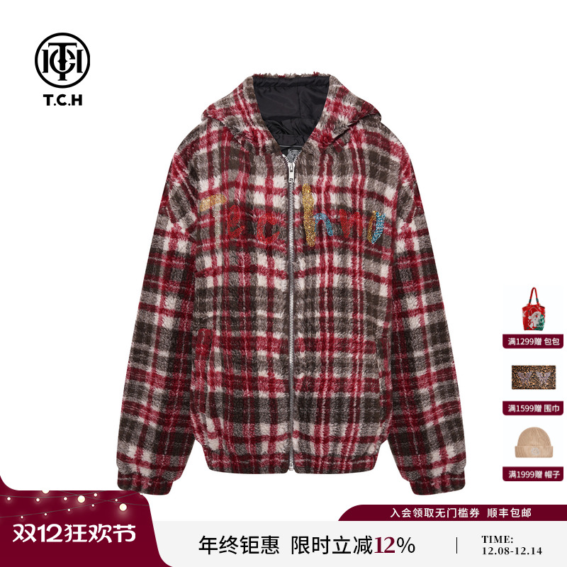 TCH2025冬季新款轻奢潮牌时尚复古格子烫钻连帽外套女T75D27E9002