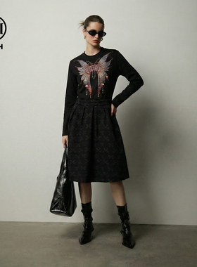 TCH【天使之翼】春款翅膀烫钻工艺德绒黑色女装连衣裙T78A30E1027