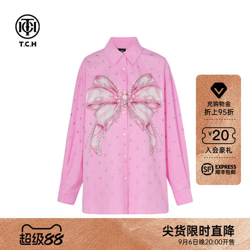 TCH蝴蝶结烫钻2026早秋街头休闲宽松百搭衬衫上衣女T75C13E9005