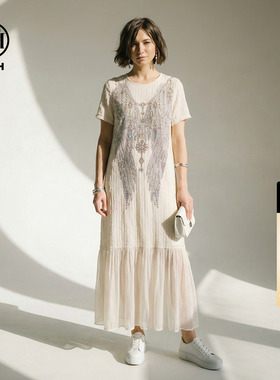 TCH翅膀烫钻温柔风网纱拼接长款连衣裙女2026夏季新款T78A30E1086