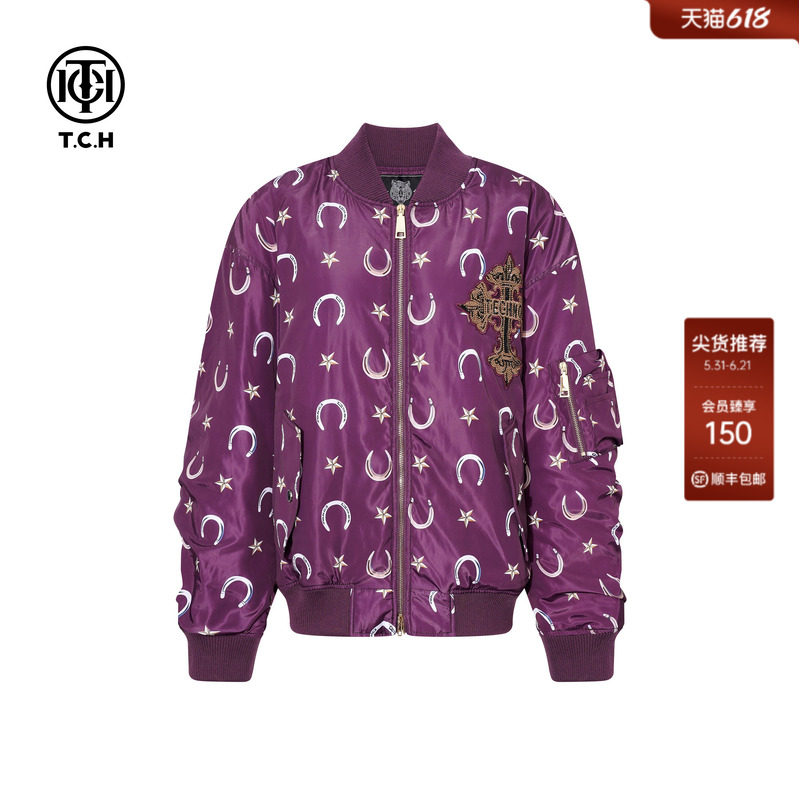 TCH潮牌时尚烫钻棒球领棉服外套女2026春夏新款情侣装T75C18E9002