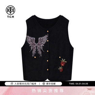 TCH时尚 圆领上衣女T75D09E5042 烫钻黑色针织马甲女秋冬叠穿开衫