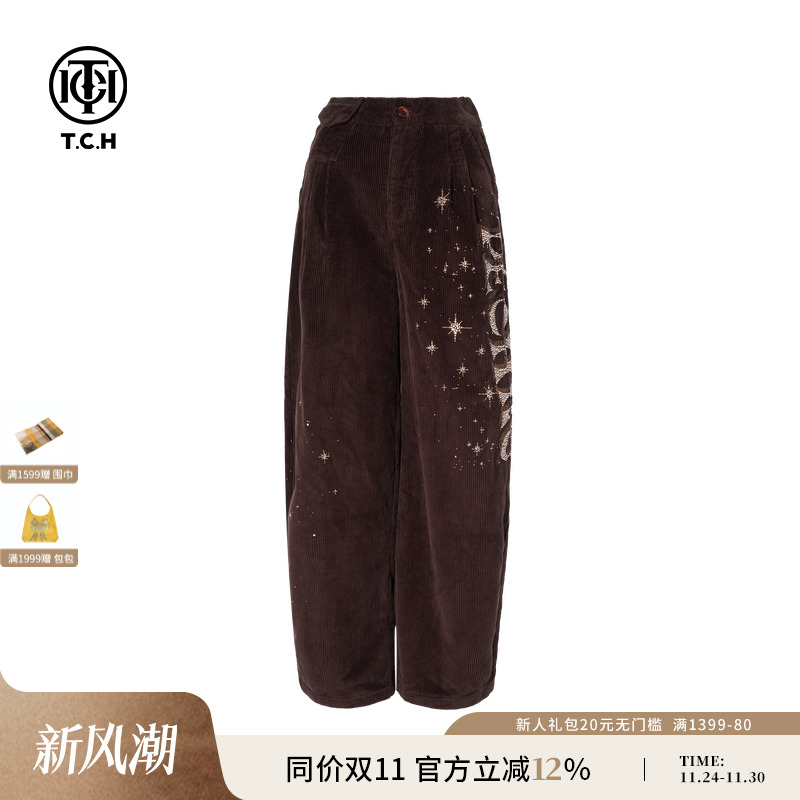 TCH私服字母烫钻美式休闲高腰显瘦阔腿裤女25秋季新款T75C20E1152