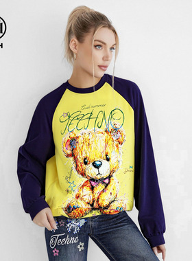 TCH甜趣休闲风萌系小熊烫钻撞色长袖T恤女2026春夏新款T78A086005