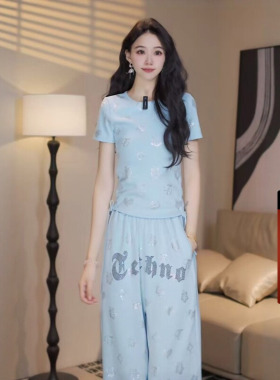 TCH时尚潮流休闲套装女夏季蓝色减龄烫钻收腰短袖T恤阔腿裤两件套