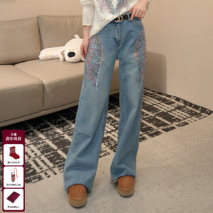 T75D20E1286 新款 TCH甜酷风彩翼烫钻薄绒宽松阔腿牛仔裤 女2025冬季