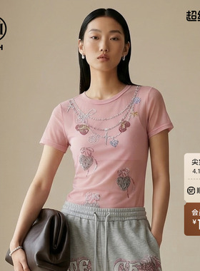 TCH甜酷风烫钻爱心短袖T恤女显瘦百搭圆领修身粉上衣T78A10E1056