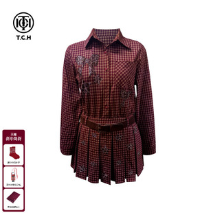 TCH轻奢蝴蝶烫钻豹纹樱桃复古红格子收腰百褶连衣裙女T75C30E1058