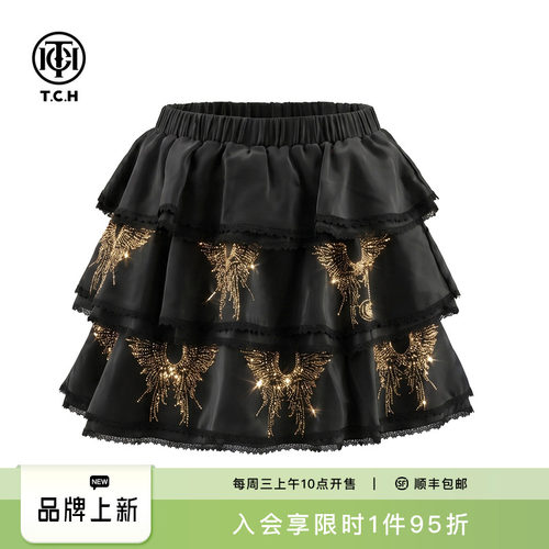 TCH烫钻翅膀高腰显瘦A字蛋糕裙女2026夏季新款黑色蕾丝边蓬蓬短裙