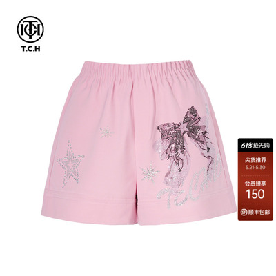 TCH烫钻高腰显瘦百搭宽松时尚气质休闲短裤女夏季T75B21E5146