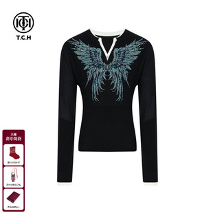 TCH法式 T75D09E1048 大V蓝眼泪烫钻大翅膀高奢收腰显瘦黑色针织衫
