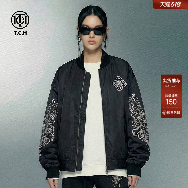 TCH高街时尚烫钻图腾棒球服宽松百搭夹克外套男女同款T78A276111