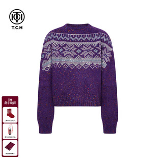 T75D09E1208 25秋冬款 TCH费尔岛紫色毛衣女时尚 烫钻休闲圆领针织衫