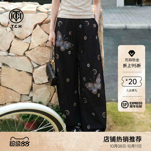 TCH私服烫钻薄款亚麻气质百搭弯刀阔腿宽松休闲长裤女T78B20E5015