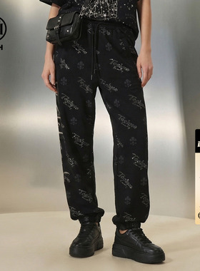 TCH潮酷满印烫钻束脚卫裤男黑色宽松显瘦百搭休闲裤女T78A206130