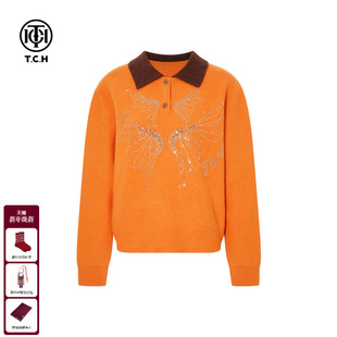 上衣女T75D09E1248 烫钻橘色绵羊毛韩系撞色翻领针织衫 TCH冬季 新款