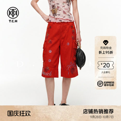 TCH美式甜酷草莓烫钻红色牛仔短裤女2026夏季新款宽松阔腿五分裤