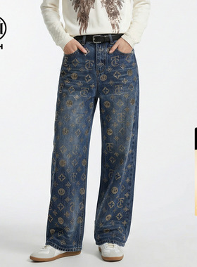 TCH潮牌烫钻老花满印复古蓝做旧直筒显瘦阔腿牛仔裤女T78A20E1207