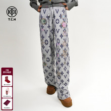 TCH费尔岛复古高级灰设计感烫钻慵懒直筒宽松休闲阔腿裤女25秋冬