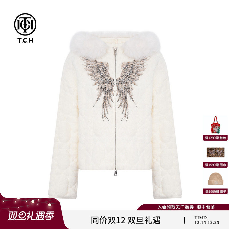 TCH私服25秋冬慵懒风烫钻时尚白色毛毛领保暖短外套女T75D17E1009