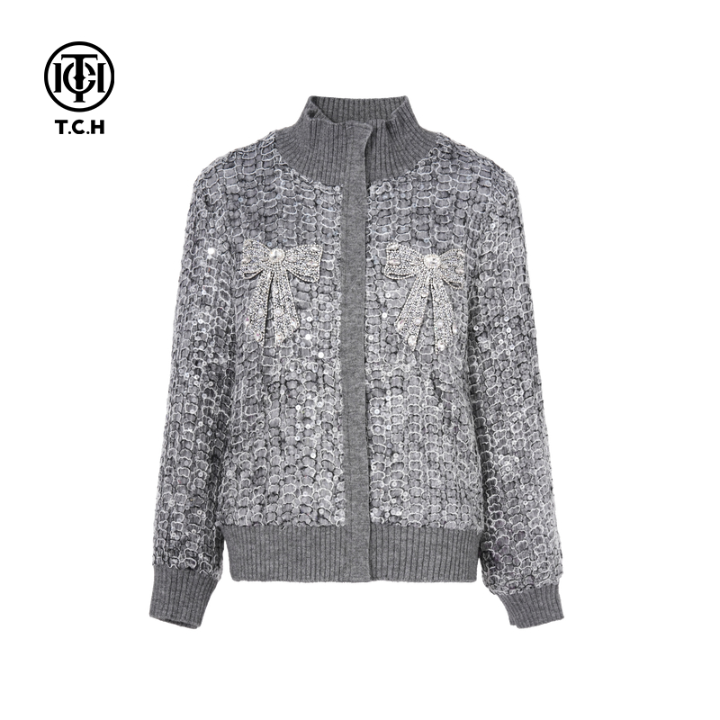 TCH轻奢潮牌烫钻亮片立领时尚毛衣外套女2025秋季新款T75C27E1009
