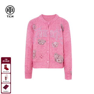 烫钻可爱小熊粉色百搭针织开衫 时尚 女T75D43E1099 新款 TCH2025冬季