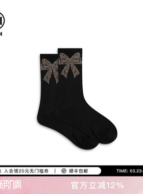 TCH蝴蝶结烫钻黑色中筒袜女ins潮流百搭运动休闲袜子T75D55E1013