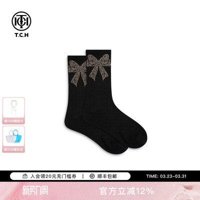 TCH蝴蝶结烫钻黑色中筒袜女ins潮流百搭运动休闲袜子T75D55E1013