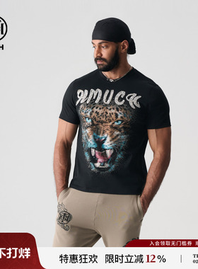 TCH轻奢夏季新款街头潮流烫钻狮子头黑色圆领短袖T恤男T72B106131