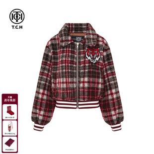 T75D27E1052 新款 TCH时尚 烫钻休闲保暖格子翻领毛毛外套女2025冬季