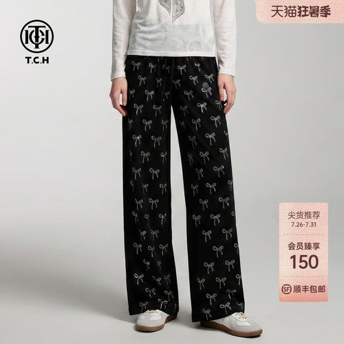 TCH烫钻蝴蝶结满印直筒休闲裤