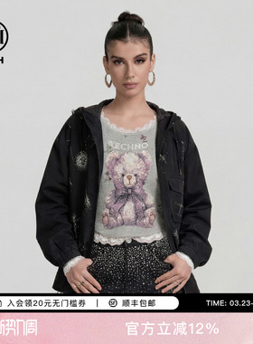 TCH潮牌星空烫钻黑色连帽休闲外套男女同款2026春新品T78A27E1023