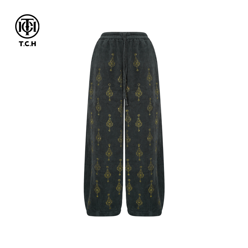 TCH私服慵懒风烫钻时尚加绒休闲阔腿裤女2025秋冬新款T75D20E1033