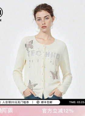 TCH含绵羊毛烫钻蝴蝶米色针织开衫上衣女2026春季新款T78A43E1017