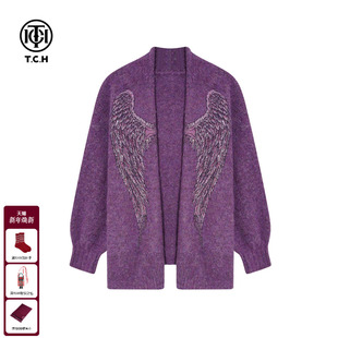烫钻紫色慵懒宽松针织开衫 时尚 外套女T75D43E1047 新款 TCH2025冬季